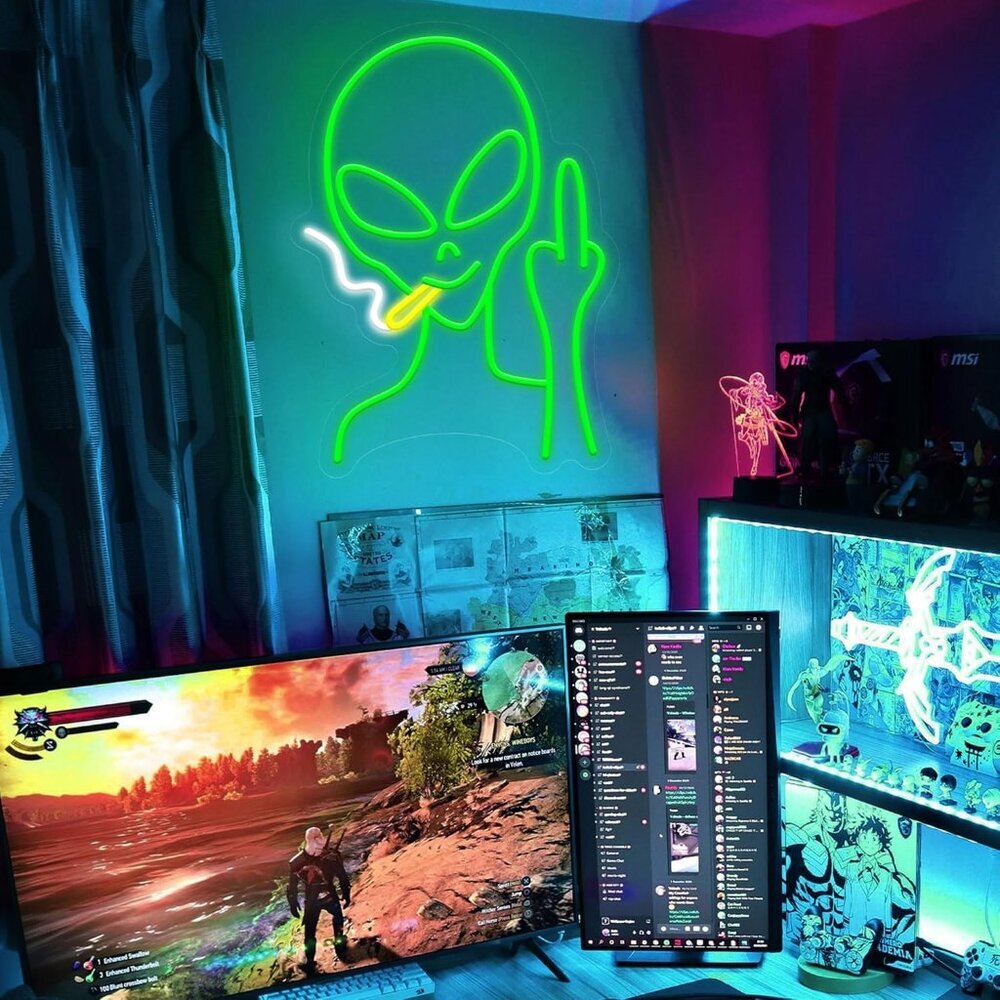 Green Alien Neon LED Sign Dimmable Wall Decor for Bedroom Man Cave Kids Birthday - Picture 2 of 7